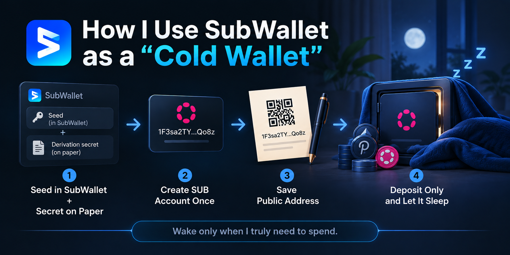 Quy trình bốn bước dùng SubWallet như ví lạnh: derive SUB account, lưu địa chỉ công khai, chỉ nạp tiền và chỉ đánh thức khi cần chi.